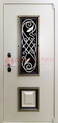 Белая стальная дверь с ковкой со стеклопакетом и МДФ ДК-30 в Серпухове