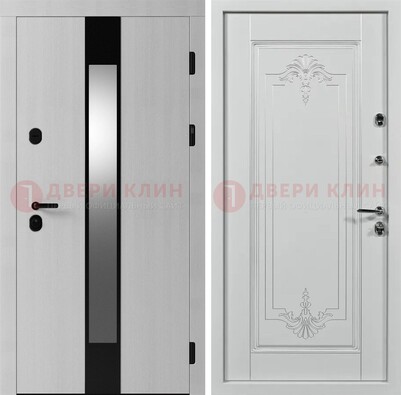 Белая металлическая дверь МДФ с зеркальной вставкой ДМ-324 в Серпухове