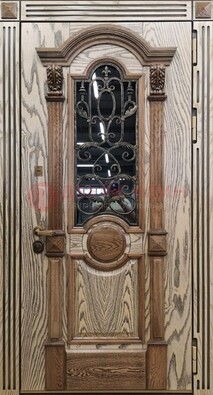 Железная дверь с массивом дуба со стеклом и ковкой ДМД-47 в Серпухове