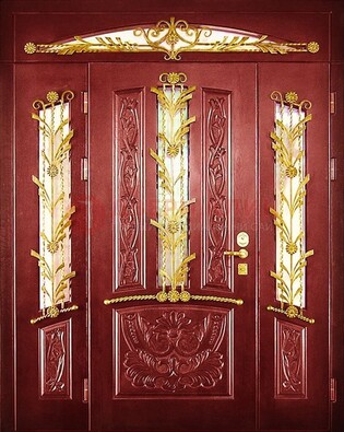 Бордовая железная парадная дверь со стеклом и ковкой ДПР-75 в Серпухове