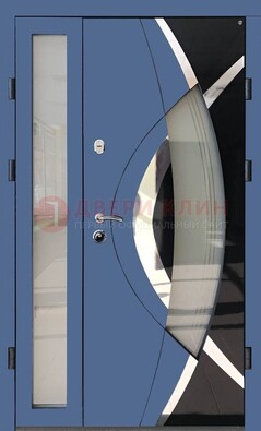 Синяя металлическая дверь со стеклом и узором ДС-13 в Серпухове