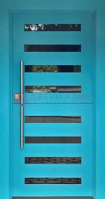 Голубая уличная дверь с МДФ панелью и стеклом ДС-51 в Серпухове