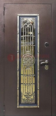 Железная дверь цвета медный антик со стеклом и ковкой ДСК-105 в Краснознаменске