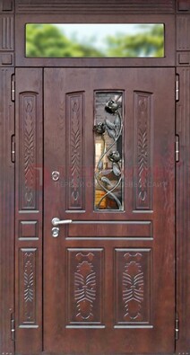 Коричневая железная дверь со стеклом и ковкой на улицу ДСК-127 в Серпухове