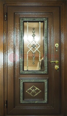Теплая входная дверь со стеклом и ковкой разноцветной ДСК-13 в Серпухове