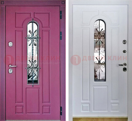 Розовая металлическая дверь со стеклом и ковкой ДСК-151 в Серпухове