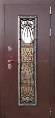 Коричневая стальная дверь порошок со стеклом и ковкой для дома ДСК-169 в Серпухове