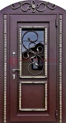 Cтальная дверь порошок со стеклом и ковкой в форме арки ДСК-170 в Серпухове