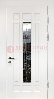 Белая стальная дверь винорит со стеклом и ковкой ДСК-191 в Серпухове