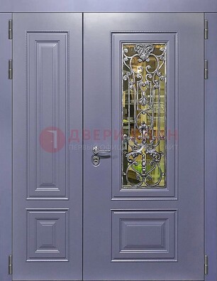 Сиреневая стальная дверь со стеклом и ковкой ДСК-199 