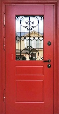 Красная железная дверь Винорит со стеклом и ковкой ДСК-205 в Серпухове