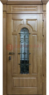 Металлическая дверь массив со стеклом и ковкой для дома ДСК-246 в Серпухове