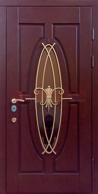 Бордовая стальная дверь Винорит со стеклом и ковкой ДСК-263 в Серпухове