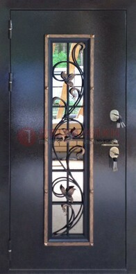 Железная дверь с порошковым напылением стеклом и ковкой ДСК-279 в Серпухове