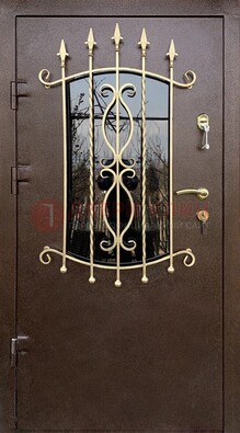 Стальная дверь Порошок со стеклом и ковкой для дома ДСК-280 в Серпухове