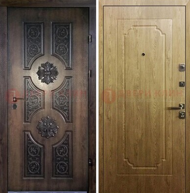 Железная коричневая дверь с виноритом и Золотой дуб внутри ДВТ-101 в Серпухове