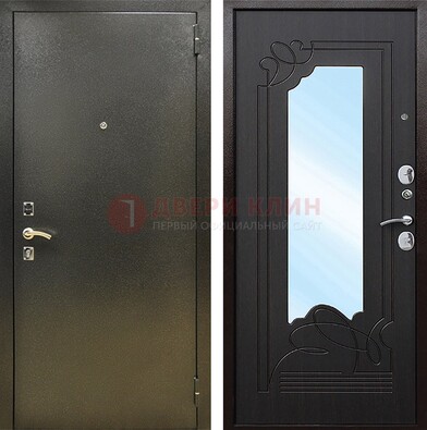 Железная темная дверь c порошковым напылением и МДФ с узором и зеркалом ДЗ-111 в Серпухове