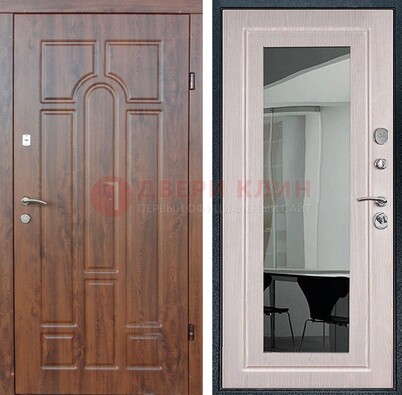 Входная коричневая дверь с МДФ Белый дуб и зеркалом ДЗ-126 в Серпухове