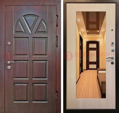 Темная железная дверь с МДФ и зеркалом в квартиру ДЗ-135 в Серпухове
