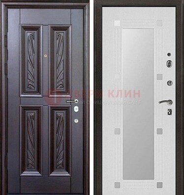 Коричневая стальная дверь с зеркалом МДФ внутри ДЗ-44 в Серпухове