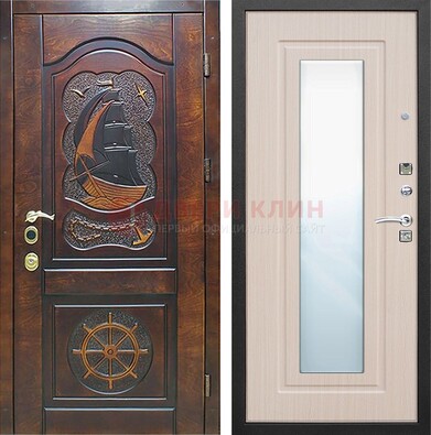 Темная уличная дверь с резьбой и зеркалом внутри ДЗ-49 в Серпухове