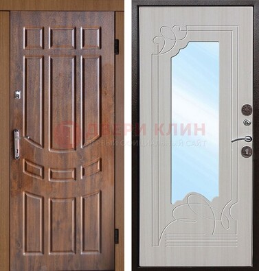 Коричневая уличная дверь c виноритом и терморазрывом МДФ Беленый дуб  с зеркалом ДЗ-97 в Серпухове