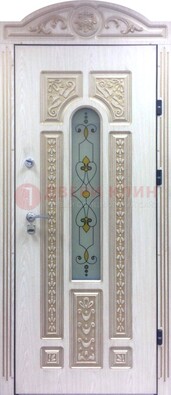 Белая железная дверь с МДФ и витражом ВЖ-26 в Серпухове