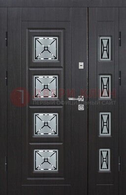 Чёрная двухстворчатая железная дверь с МДФ и витражом ВЖ-35 в Серпухове