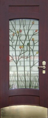 Бордовая стальная дверь с витражом и декоративным элементом ВЖ-3 в Серпухове
